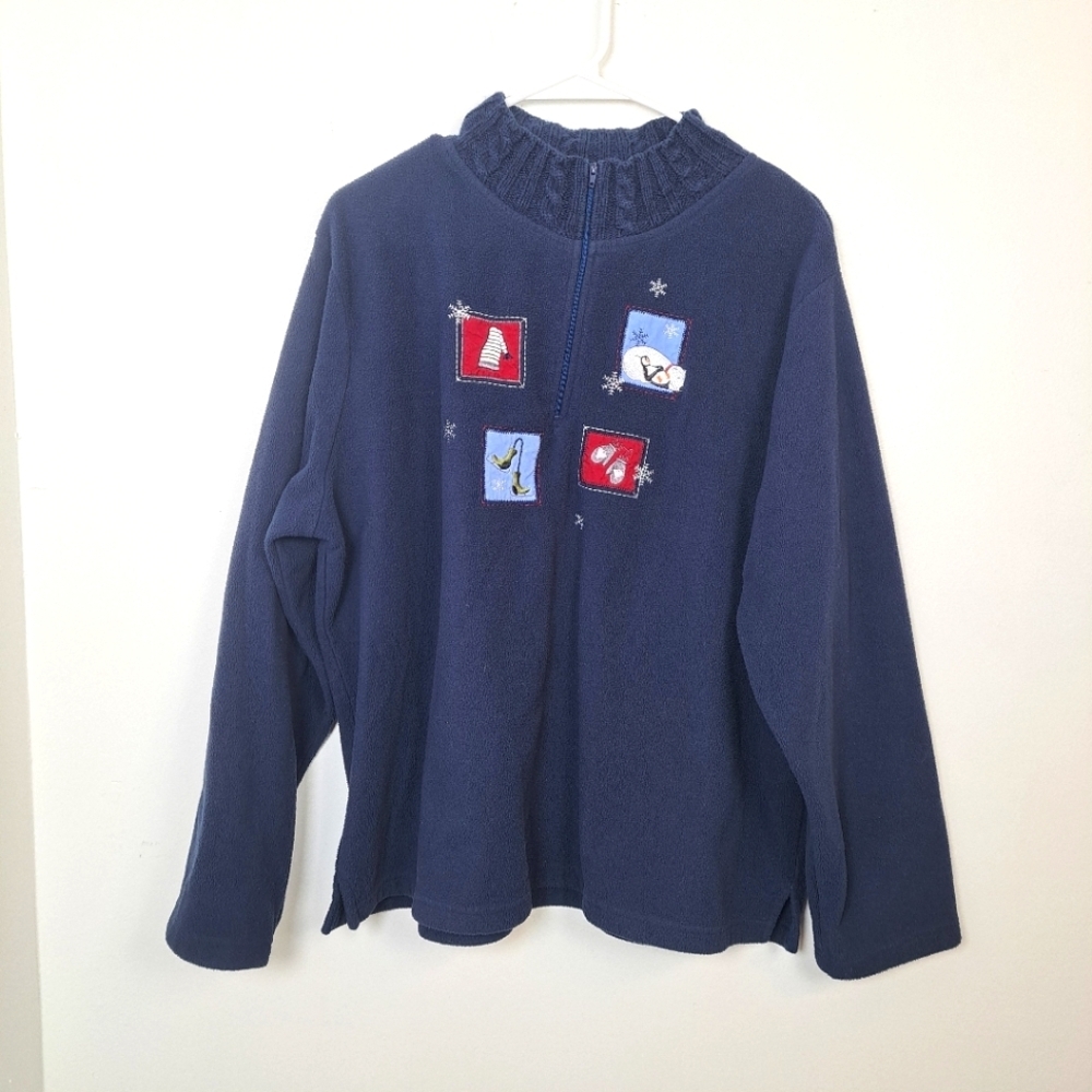 NorthCrest‎ Navy Blue Fleece Patchwork Christmas Snowflakes 1/3 Zip Jacket Sz XL
